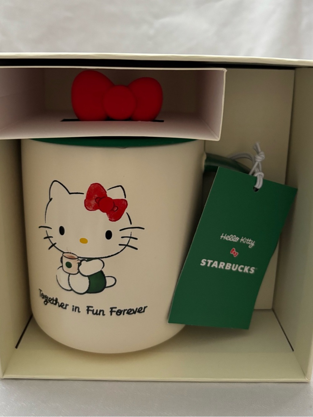 Starbucks Cream Ceramic Mug with Green Lid and Red Accent - Picture 3 of 7